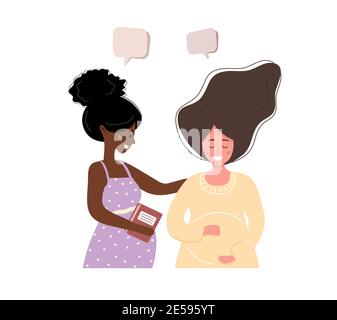 La ragazza incinta parla l'una con l'altra. Le donne d'affari discutono di social network, chiacchierano con le bolle di dialogo, discutono dei momenti di lavoro. Vettore moderno Illustrazione Vettoriale