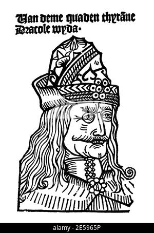 1475 , ROMANIA : il più celebrato romeno VLAD TEPES ( l'Impalatore ) DRACULA ( il Drago ) ( 1431 - 1475 ), Principe di Wallachia . La figura storica che ha ispirato lo scrittore irlandese BRAM STOKER ( 1847 - 1912 ) per il suo romanzo gotico DRACULA ( 1897 ). Incisioni sconosciute , ritratto pubblicato nel 1485 .- FOTO STORICHE - STORIA - LETTERATURA - VAMPIRO - VAMPIRO - vampiri - ORRORE - triller - orrore - Gotico - vampiri - ritratto - ritratto - baffi - baffi - cappello - cappello - cappello - impalatore --- Archivio GBB Foto Stock