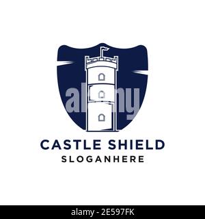 Design del logo vettoriale dello scudo del castello Illustrazione Vettoriale