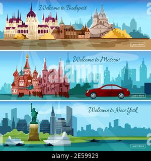 Famose città bandiere orizzontali insieme con budapest e mosca turistico illustrazione vettoriale degli edifici isolati Illustrazione Vettoriale