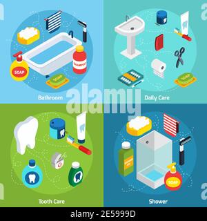 Set di concetto isometrico con oggetti da bagno e mezzi personali illustrazione del vettore di igiene Illustrazione Vettoriale