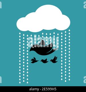 Uccelli che volano nel cielo quando piove. Concetto di sacrificio.semplice illustrazione vettoriale a livelli modificabile. Animali selvatici. Illustrazione Vettoriale