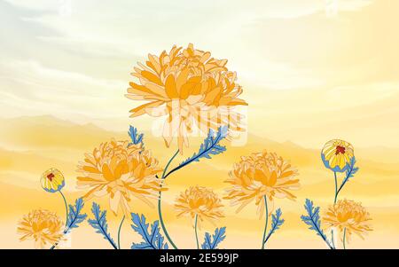 illustrazione 3d, tonalità arancio brillante con foglie blu su uno sfondo chiaro Foto Stock