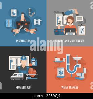 Servizio di idraulica online per la manutenzione di impianti sanitari e il fissaggio di perdite 4 icone piatte quadrate illustrazione vettoriale astratta Illustrazione Vettoriale