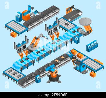 Concetto di robot industriale con linea di trasporto isometrica e braccio robotico illustrazione vettoriale dei manipolatori Illustrazione Vettoriale