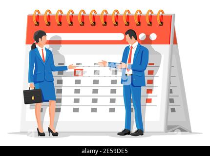 Calendario delle pareti a spirale in carta con uomo d'affari e donna d'affari. Calendario con icona donna e uomo. Programma, appuntamento, organizzatore, foglio presenze, data importante. Illustrazione vettoriale in stile piatto Illustrazione Vettoriale