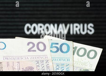 Denaro Polacco Zloty PLN e Corona Virus in Polonia Foto Stock