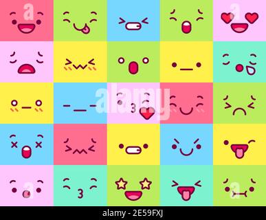 Carino collezione di volti colorati. Felice espressione del sorriso Illustrazione Vettoriale