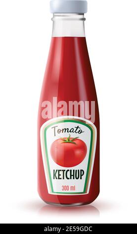 Tradizionale bottiglia di ketchup di pomodoro isolato su sfondo bianco realistico illustrazione vettoriale Illustrazione Vettoriale