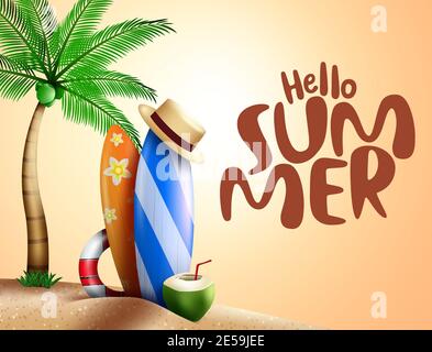 Ciao sfondo banner vettoriale estate. Ciao estate testo in spiaggia sabbia con elementi di surf, cappello e palme per divertimento e godere di una vacanza calda. Illustrazione Vettoriale
