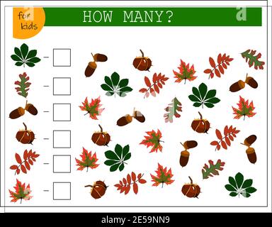 Il gioco di matematica per i bambini conta quanti di loro ci sono. Le foglie degli alberi, acero, quercia, Rowan, acorno di castagno Illustrazione Vettoriale