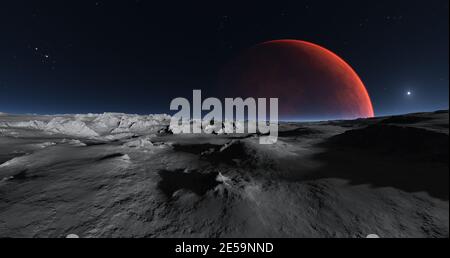 Vista di Marte dalla superficie lunare di Phobos, illustrazione 3D Foto Stock