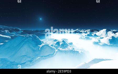 Il pianeta roccioso e congelato orbita attorno alla stella nana. Paesaggio alieno, rendering 3D Foto Stock