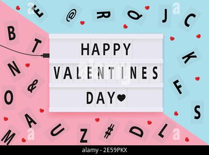 Felice illustrazione vettoriale del giorno valentino su sfondo rosa e blu. Buon giorno di San Valentino testo. Banner di San Valentino con scatola luminosa, lettere e cuore Illustrazione Vettoriale