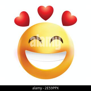 Emoticon di alta qualità su sfondo bianco. Emoji arrossendo in amore con 3 cuori rossi. Una faccina gialla emoji innamorato di occhi chiusi. Illustrazione Vettoriale