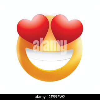 Emoticon di alta qualità sorridente, emoji amore isolato su sfondo bianco. Emotoji viso giallo con occhi rossi del cuore e illustrazione del vettore sorriso. Illustrazione Vettoriale