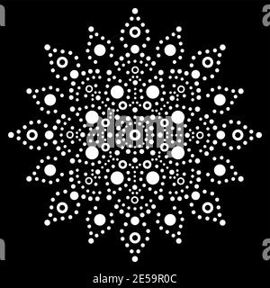 Disegno vettoriale etnico di pittura a punti di mandala australiana, disegno decorativo di boho Aboriginal modello di dot art di stile boho in bianco su sfondo nero Illustrazione Vettoriale