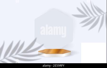 Podio in legno e foglie su sfondo bianco. Presentazione del prodotto, mock-up, esposizione di prodotti cosmetici, podio, palco o piattaforma. illustrazione vettoriale 3d Illustrazione Vettoriale