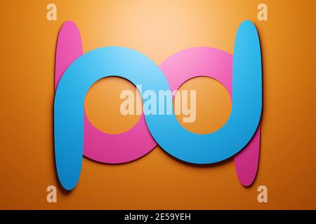 illustrazione 3d due strisce rosa e blu avvolgono ciascuna altro come un serpente che crea una figura otto su un sfondo arancione Foto Stock