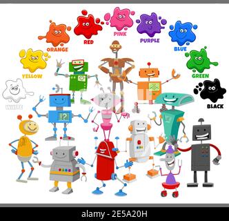 Illustrazione cartoon didattica dei colori di base per bambini con robot gruppo di personaggi fantasy divertenti Illustrazione Vettoriale