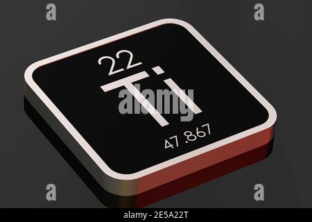Elemento in titanio da tavola periodica su blocco quadrato nero, rendering 3D Foto Stock