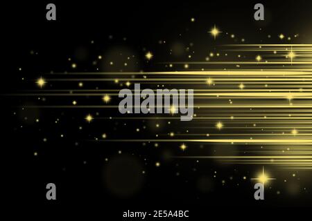 Raggi di luce laser o orizzontali. Strisce gialle incandescenti e lampi di luce su uno sfondo scuro. Brillante sfondo astratto brillante con yello Foto Stock
