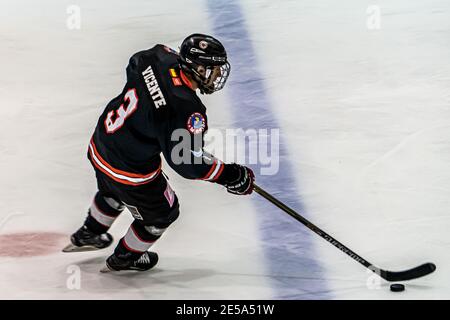 MAJADAHONDA, SPAGNA - 14 novembre 2020: Partita di hockey su ghiaccio maschile tra SAD Majadahonda e CG Puigcerda tenuta presso la pista di ghiaccio la Nevera a Majadahonda su No Foto Stock