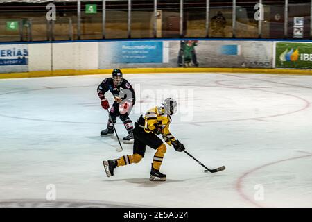 MAJADAHONDA, SPAGNA - 14 novembre 2020: Partita di hockey su ghiaccio maschile tra SAD Majadahonda e CG Puigcerda tenuta presso la pista di ghiaccio la Nevera a Majadahonda su No Foto Stock