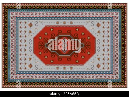 Tappeto vintage con motivi in grigio, beige, marrone e dettagli curvi al centro su sfondo rosso e marrone Foto Stock