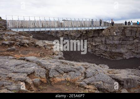 Valle Midlinda, Bru milli Heimsalfa, ponte sui continenti, valle rift tra due placche tettoniche, Islanda Foto Stock