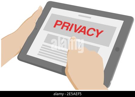 Le mani tengono un tablet grigio con scritte sulla privacy, illustrazione cartoon isolata sullo sfondo Foto Stock