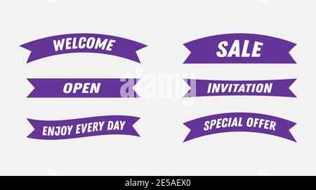 Set di nastri vettoriali in colori Ultra Violet. Trend Ultra Violet color.Vector Banners nastri con testo : aperto, Vendita, Offerta speciale, Benvenuto, Invitati Illustrazione Vettoriale