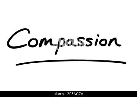 La parola compassione, scritta a mano su uno sfondo bianco. Foto Stock