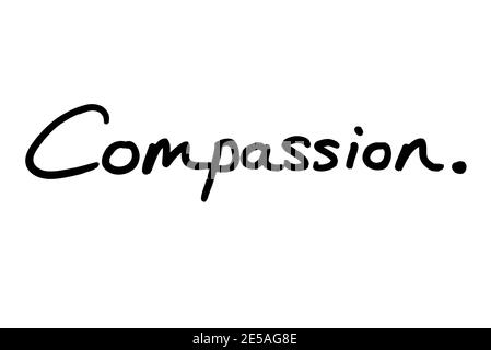 La parola compassione, scritta a mano su uno sfondo bianco. Foto Stock