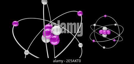 Modello 3D di atomi con nucleo, elettroni, protoni e neutroni orbitanti, percorso circolare, rappresentazione cgi, sfondo nero, rendering Foto Stock