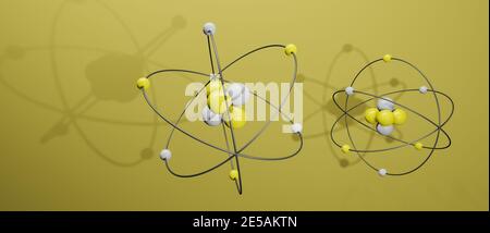 Modello 3D di atomi con nucleo, elettroni, protoni e neutroni orbitanti, percorso circolare, rappresentazione grafica di cgi, sfondo giallo, rendering Foto Stock