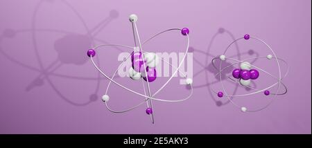 Modello 3D di atomi con nucleo, elettroni, protoni e neutroni orbitanti, percorso circolare, rappresentazione grafica di cgi, sfondo viola, rendering Foto Stock