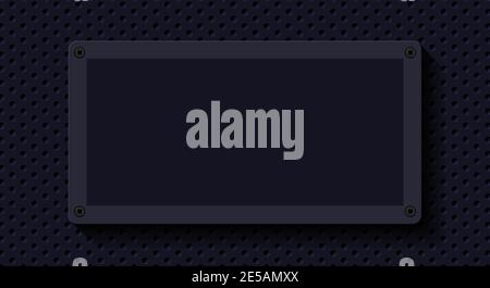 Targhetta nera, trasformatore. Fondo in acciaio con struttura metallica nera. Lamiera perforata. Sfondo tecnico nero. Illustri vettoriali 3D realistici Illustrazione Vettoriale