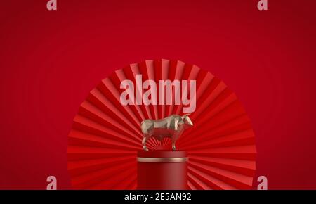 Il nuovo anno cinese della Ox background. Decorazioni rosse e dorate. Rendering 3D Foto Stock