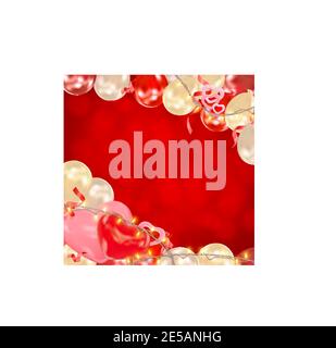 San Valentino sfondo giorno con aerostati realistici, cuori, luci scintillanti ghirlande e frizzanti confetti. Composizione romantica per il biglietto d'auguri Illustrazione Vettoriale