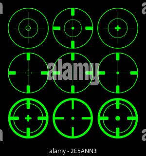 set di icone di puntamento verdi su sfondo nero. design piatto. raccolta di bersaglio a croce, bersaglio a cecchino Illustrazione Vettoriale