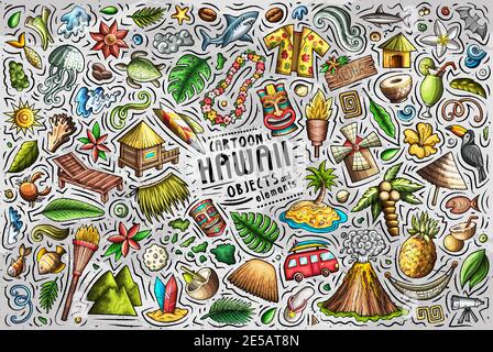 Colorato vettore doodle cartoon set di oggetti e simboli Hawaii Illustrazione Vettoriale