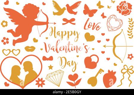 Set di icone Happy San Valentino con silhouette stencil. Carino amore collezione romantica di elementi di design con cupido, cuore, coppia, piccioni, diamante Illustrazione Vettoriale
