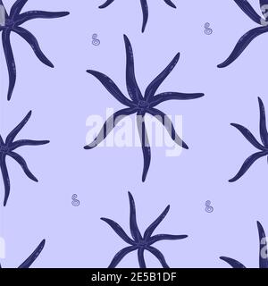 Motivo colorato e senza cuciture disegnato a mano con stelle del mare, abitanti del mare. Immagine vettoriale del mare estivo. Illustrazione Vettoriale