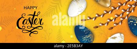 Happy Pasqua sfondo con realistiche uova decorate con lucentezza dorata, Willow. Biglietto d'auguri con illustrazione vettoriale, annuncio, promozione, poster, volantino, web Illustrazione Vettoriale