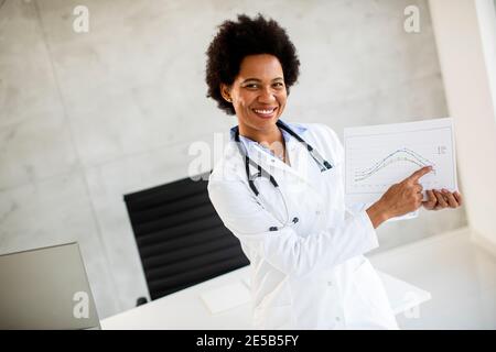 Donna Africana americana medico indossando camice bianco con stetoscopio in piedi da scrivania in ufficio e tenendo carta cartografica Foto Stock