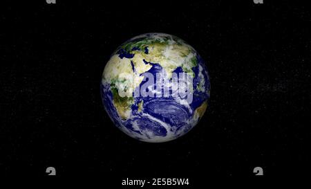 pianeta terra realistico con rendering 3d fotografico. Bellissimo pianeta verde con galassia o nebulosa colorata. Vista frontale della terra dallo spazio con le nuvole Foto Stock