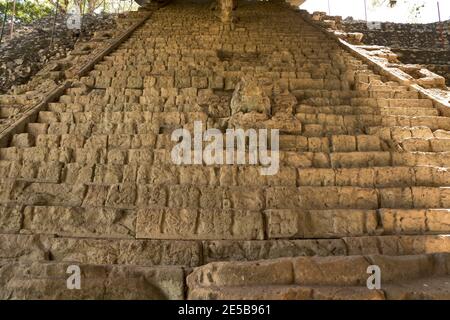 Copan, Honduras, America Centrale: Scalinata geroglifica. Copan è un sito archeologico della civiltà Maya vicino al Guatemala Foto Stock