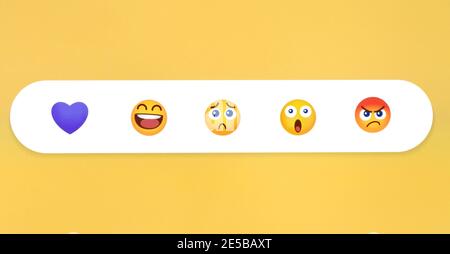 Kiev, Ucraina - 12 gennaio 2021: Viber come pulsante reazioni Emoji su sfondo giallo, stampato su carta. Viber ha aggiunto nuove reazioni di messaggio Foto Stock