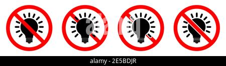 Nessuna icona della lampadina. La lampadina è vietata. Stop o BAN rosso con l'icona della lampadina. Illustrazione vettoriale. Set di cartelli non consentiti. Illustrazione Vettoriale
